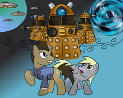 Size: 1080x864 | Tagged: safe, artist:pacce, artist:scherzo, character:derpy hooves, character:doctor whooves, character:time turner, species:pegasus, species:pony, colored, crossover, dalek, doctor who, female, mare, tardis
