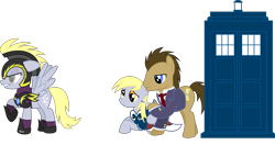 Size: 5661x3000 | Tagged: safe, artist:ruinedomega, character:derpy hooves, character:doctor whooves, character:time turner, species:pegasus, species:pony, ponyscape, alternate universe, angry, armor, clothing, doctor who, dress, female, group, lying down, mare, necktie, ponidox, scar, self ponidox, sonic screwdriver, standing, suit, tardis