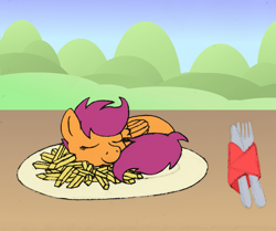 Size: 1485x1240 | Tagged: safe, artist:merkleythedrunken, character:scootaloo, species:pegasus, species:pony, female, food, fork, french fries, hill, knife, meal, napkin, plate, scootachicken, sleeping, solo