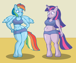 Size: 2400x2000 | Tagged: safe, artist:lordstormcaller, character:rainbow dash, character:twilight sparkle, species:anthro, species:unguligrade anthro, abs, belly, belly button, breasts, busty rainbow dash, busty twilight sparkle, chubby, envy, female, fit, midriff, muffin top, training, wide hips