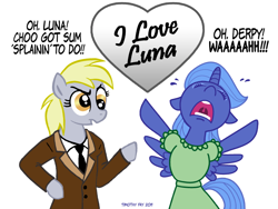 Size: 800x600 | Tagged: safe, artist:tim-kangaroo, character:derpy hooves, character:princess luna, species:alicorn, species:pegasus, species:pony, ship:lunaderp, g4, bipedal, clothing, dialogue, dress, female, i love lucy, lesbian, necktie, s1 luna, shipping, signature, simple background, spread wings, suit, text, white background, wings