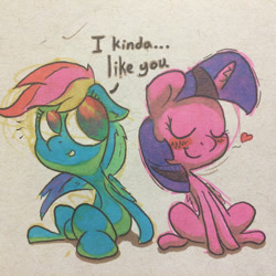 Size: 512x512 | Tagged: safe, artist:flowbish, character:rainbow dash, character:twilight sparkle, character:twilight sparkle (alicorn), species:alicorn, species:pony, ship:twidash, blushing, confession, dialogue, female, lesbian, mare, shipping, sitting, traditional art