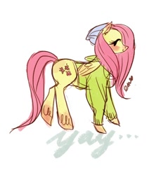 Size: 622x700 | Tagged: safe, artist:emmy, character:fluttershy, bottomless, clothing, female, hat, hoodie, partial nudity, solo, sweater, sweatershy