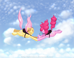 Size: 1753x1384 | Tagged: safe, artist:hollowzero, character:fluttershy, character:pinkie pie, ship:flutterpie, cloud, cloudy, crying, female, goggles, lesbian, parachute, shipping, sky, skydiving
