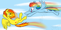 Size: 1000x500 | Tagged: safe, artist:calicopikachu, character:rainbow dash, character:spitfire, species:pegasus, species:pony, chase, duo, flying, loose hair