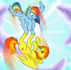 Size: 1522x1500 | Tagged: safe, artist:calicopikachu, character:rainbow dash, character:spitfire, species:pegasus, species:pony, duo, female, flying, loose hair, mare