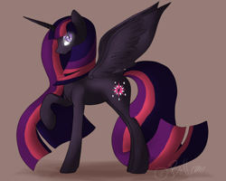 Size: 2000x1600 | Tagged: safe, artist:dreamyartcosplay, character:nightmare twilight sparkle, character:twilight sparkle, character:twilight sparkle (alicorn), species:alicorn, species:pony, ask nightmare mane 6, ask nightmare six, female, mare, nightmarified, raised hoof