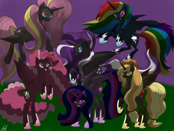 Size: 1280x960 | Tagged: safe, artist:dreamyartcosplay, character:applejack, character:fluttershy, character:nightmare applejack, character:nightmare fluttershy, character:nightmare pinkie pie, character:nightmare rainbow dash, character:nightmare rarity, character:nightmare twilight sparkle, character:pinkie pie, character:rainbow dash, character:rarity, character:twilight sparkle, character:twilight sparkle (alicorn), species:alicorn, species:pony, alicornified, applecorn, bad end, eyeshadow, fluttercorn, mane six, mane six alicorns, nightmare mane 6, nightmare pony, nightmarified, pinkiecorn, race swap, rainbowcorn, raricorn, rearing, xk-class end-of-the-world scenario