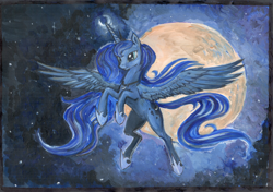 Size: 1024x722 | Tagged: safe, artist:dalagar, character:princess luna, species:alicorn, species:pony, female, mare, moon, night, solo, spread wings, traditional art, wings