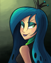 Size: 1200x1500 | Tagged: safe, artist:ric-m, character:queen chrysalis, species:human, bust, clothing, crown, female, humanized, jewelry, looking back, regalia, sleeveless, solo, sweater, turtleneck