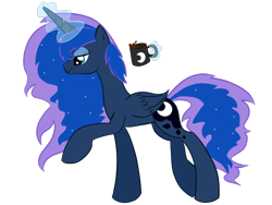 Size: 2048x1536 | Tagged: safe, artist:bratzoid, character:princess luna, bed mane, coffee, female, morning ponies, simple background, solo