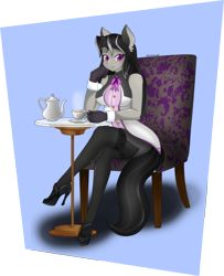 Size: 1831x2255 | Tagged: safe, artist:zzvinniezz, character:octavia melody, species:anthro, breasts, busty octavia, chair, clothing, female, gloves, high heels, pantyhose, sexy, skirt, solo, stockings, stupid sexy octavia, table, tea, teacup, teapot, upskirt