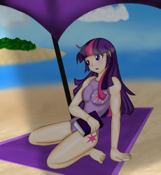 Size: 1469x1599 | Tagged: safe, artist:fourze-pony, character:twilight sparkle, species:human, barefoot, beach, beach towel, blushing, book, clothing, cute, feet, female, humanized, kneeling, one-piece swimsuit, open mouth, shade, solo, summer, swimsuit, water, wip