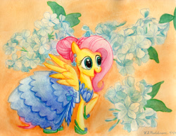 Size: 3413x2652 | Tagged: safe, artist:kelseyleah, character:fluttershy, species:pegasus, species:pony, alternate hairstyle, clothing, dress, ear piercing, earring, female, flower, jewelry, open mouth, piercing, raised hoof, smiling, solo, spread wings, traditional art, wings