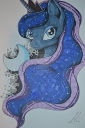 Size: 1024x1540 | Tagged: dead source, safe, artist:dreamyartcosplay, character:princess luna, species:alicorn, species:pony, bust, crescent moon, deviantart watermark, female, looking at you, mare, moon, obtrusive watermark, portrait, simple background, solo, transparent background, watermark