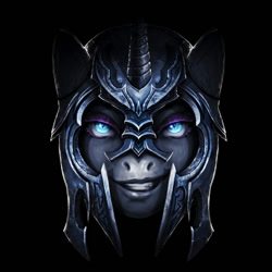 Size: 800x800 | Tagged: safe, artist:ziom05, character:nightmare moon, character:princess luna, armor, bedroom eyes, black background, eyelashes, female, grin, helmet, looking at you, portrait, simple background, smiling, smirk, solo