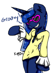 Size: 800x1103 | Tagged: safe, artist:rainbowdrool, character:princess luna, species:anthro, 70s, arm hooves, clothing, disco, dress, female, simple background, solo, sunglasses