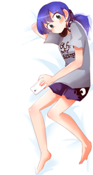 Size: 800x1500 | Tagged: safe, artist:gyaheung, character:princess luna, species:human, gamer luna, barefoot, bed, blame my sister, clothing, feet, female, headphones, humanized, looking at you, phone, shirt, shorts, solo, younger