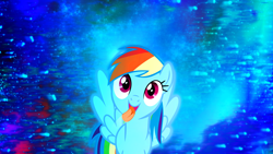 Size: 1920x1080 | Tagged: safe, artist:sgtwaflez, artist:sportsracer48, edit, character:rainbow dash, species:pegasus, species:pony, abstract background, female, licking, mare, silly, solo, spacetime, spread wings, tongue out, wallpaper, wallpaper edit, wings