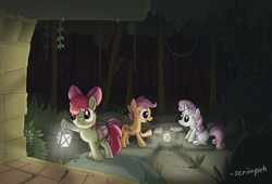 Size: 4000x2717 | Tagged: safe, artist:scrimpeh, character:apple bloom, character:scootaloo, character:sweetie belle, species:pegasus, species:pony, bag, cutie mark crusaders, female, filly, hoof hold, lantern, ruins, saddle bag