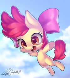 Size: 3201x3586 | Tagged: dead source, safe, artist:jggjqm522, character:apple bloom, species:earth pony, species:pony, bow, falling, female, filly, hair bow, solo
