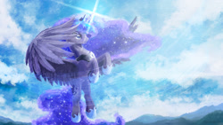 Size: 1600x900 | Tagged: safe, artist:cannibalus, character:princess luna, female, flying, majestic, solo, spread wings, wings