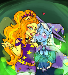 Size: 800x878 | Tagged: safe, artist:puffpink, character:adagio dazzle, character:trixie, species:anthro, ship:triagio, equestria girls:rainbow rocks, g4, my little pony: equestria girls, my little pony:equestria girls, adagio dazzle gets around, amulet, blushing, cape, clothing, duo, female, gem, hat, heart, horn, jewelry, lesbian, nail polish, negative energy, ponied up, shipping, siren gem, sweat, trixie's cape, trixie's hat
