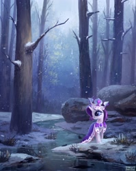 Size: 2300x2888 | Tagged: safe, artist:ajvl, character:rarity, species:pony, species:unicorn, cloak, clothing, crown, featured on derpibooru, female, forest, high res, mare, princess platinum, river, scenery, scenery porn, smiling, snow, snowfall, solo, tree, water