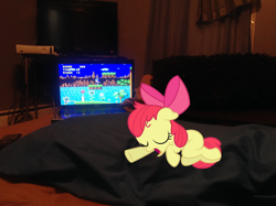Size: 2592x1936 | Tagged: safe, artist:deadparrot22, artist:min3cr4ftking4, character:apple bloom, bed, crossover, dark, irl, photo, ponies in real life, sega, sleeping, solo, sonic the hedgehog (series), television, vector, xbox 360
