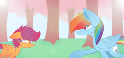 Size: 6786x3170 | Tagged: safe, artist:scootaloocuteness, character:rainbow dash, character:scootaloo, species:pegasus, species:pony, duo, duo female, female, grass, looking away, mare, open mouth, talking, tree