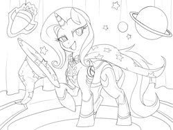 Size: 800x600 | Tagged: safe, artist:mr-tiaa, character:trixie, species:pony, species:unicorn, alternate costumes, cape, clothing, female, hat, mare, monochrome, open mouth, solo, space, stage, trixie's cape, trixie's hat
