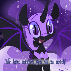 Size: 1000x1000 | Tagged: safe, artist:rivalcat, character:nightmare moon, character:princess luna, discordnightmaremoon, female, looking at you, moon, nicemare moon, open mouth, smiling, solo, spread wings, tumblr, wings