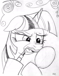 Size: 1786x2300 | Tagged: safe, artist:uminanimu, character:twilight sparkle, confused, female, grayscale, lipstick, makeup, mirror, monochrome, solo