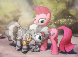 Size: 1248x907 | Tagged: safe, artist:cannibalus, character:pinkie pie, character:zecora, species:earth pony, species:pony, species:zebra, bodypaint, bracelet, cute, diapinkes, ear piercing, earring, female, jewelry, looking back, mare, mouth hold, paint in hair, paint on fur, paintbrush, painting, painting characters, palette swap, piercing, recolor, zecorable