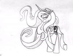 Size: 2242x1744 | Tagged: safe, artist:uminanimu, character:princess luna, lunadoodle, bedroom eyes, female, grayscale, looking at you, looking back, monochrome, plot, sketch, smiling, solo