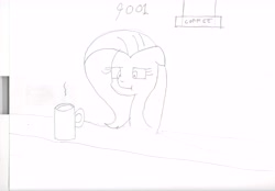 Size: 7392x5148 | Tagged: safe, artist:barryfrommars, character:fluttershy, absurd resolution, coffee, counter, monochrome, mug, sign, sketch, traditional art