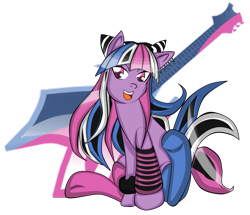 Size: 804x693 | Tagged: safe, artist:fourze-pony, species:earth pony, species:pony, askgundhampony, clothing, crossover, cute, danganronpa, danganronpa 2, female, guitar, ibuki mioda, mare, multicolored hair, not twilight sparkle, ponified, solo, stockings, tumblr comic, wild