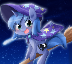 Size: 900x800 | Tagged: safe, artist:gyaheung, character:princess luna, accessory swap, accessory theft, blushing, broom, cute, female, filly, flying, flying broomstick, happy, looking at you, night, night sky, open mouth, shooting star, smiling, solo, stars, the great and powerful, trixie's cape, trixie's hat, witch, woona