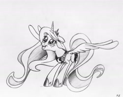 Size: 2357x1852 | Tagged: safe, artist:uminanimu, character:princess luna, :d, female, grayscale, looking up, monochrome, smiling, solo, spread wings, traditional art, wings
