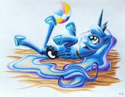Size: 2141x1666 | Tagged: safe, artist:uminanimu, character:princess luna, beach ball, female, on back, open mouth, sand, smiling, solo, traditional art