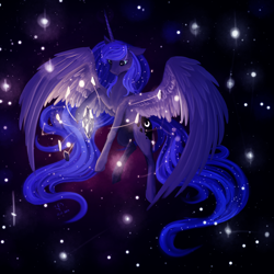 Size: 5000x5000 | Tagged: safe, artist:dalagar, character:princess luna, species:alicorn, species:pony, absurd resolution, female, glow, looking at something, mare, solo, space, spread wings, wings