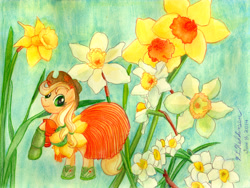 Size: 3541x2667 | Tagged: safe, artist:kelseyleah, character:applejack, clothing, dress, female, flower, solo, traditional art