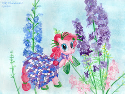 Size: 3563x2667 | Tagged: safe, artist:kelseyleah, character:pinkie pie, clothing, dress, female, flower, solo, traditional art