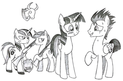 Size: 1024x675 | Tagged: safe, artist:hyolark, character:flash sentry, character:night light, character:shining armor, character:twilight sparkle, character:twilight sparkle (alicorn), species:alicorn, species:pegasus, species:pony, species:unicorn, ship:flashlight, :t, blushing, bull, cute, dead, decapitated, eye contact, female, frightened, frown, glare, grayscale, grin, gun, hoof hold, hunting trophy, lidded eyes, lineart, looking at each other, male, mare, monochrome, mounted head, nervous, overprotective, overprotective armor, raised hoof, scared, severed head, shipping, shotgun, simple background, smiling, stallion, straight, sweat, taxidermy, traditional art, twiabetes, wat, weapon, white background