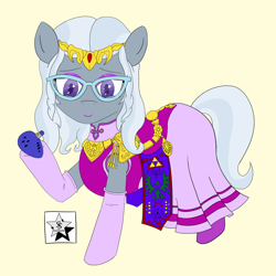 Size: 1600x1600 | Tagged: safe, artist:wodahseht, character:silver spoon, alternate hairstyle, boots, clothing, cosplay, costume, crossover, cute, dress, female, filly, glasses, gloves, looking at you, makeup, musical instrument, nintendo, ocarina, princess zelda, saddle, smiling, solo, the legend of zelda, the legend of zelda: ocarina of time, tiara, triforce