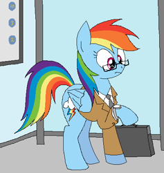 Size: 454x478 | Tagged: safe, artist:hyolark, character:rainbow dash, bag, bus stop, clothing, female, glasses, solo, suit, watch