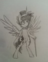 Size: 683x889 | Tagged: safe, artist:breadcipher, character:princess luna, species:pony, lunadoodle, bipedal, bow tie, clothing, female, hat, monochrome, monocle, pencil drawing, scepter, short hair, sketch, smiling, solo, spread wings, top hat, traditional art, wings
