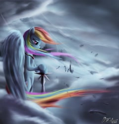 Size: 2500x2604 | Tagged: safe, artist:ajvl, character:rainbow dash, species:pegasus, species:pony, bipedal, cloud, cloudy, epic, feather, female, high res, mare, signature, sky, solo, sword, weapon, wind