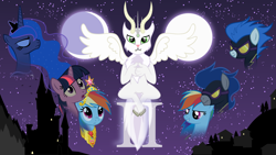 Size: 1920x1080 | Tagged: safe, artist:adcoon, character:descent, character:nightshade, character:princess luna, character:rainbow dash, character:twilight sparkle, clothing, costume, fanfic, fanfic art, shadowbolts, shadowbolts costume