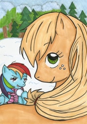Size: 900x1273 | Tagged: safe, artist:chiuuchiuu, character:applejack, character:rainbow dash, clothing, scarf, traditional art